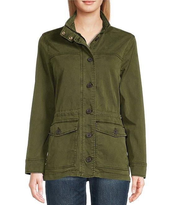 Lucky Brand Point Collar Long Sleeve Drawstring Waist Patch Pocket Button Front Utility Jacket Product Image