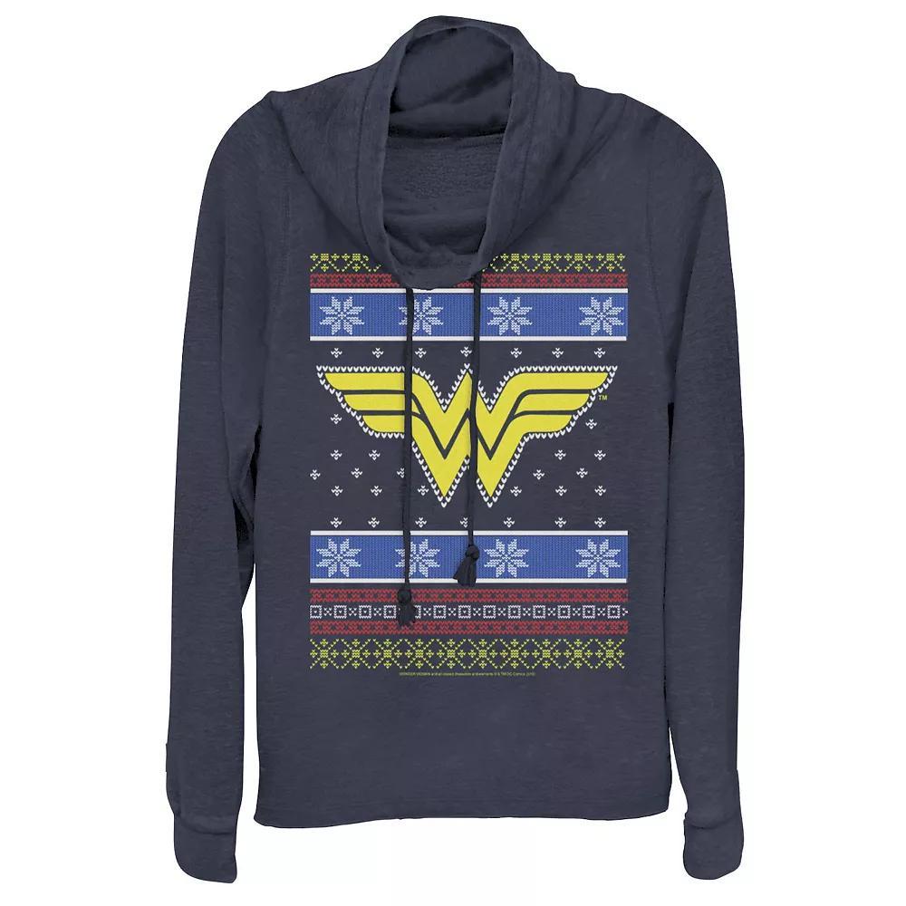 Juniors' DC Comics Wonder Woman Christmas Cowlneck Graphic Lightweight Long Sleeve, Girl's, Size: Small, Blue Product Image