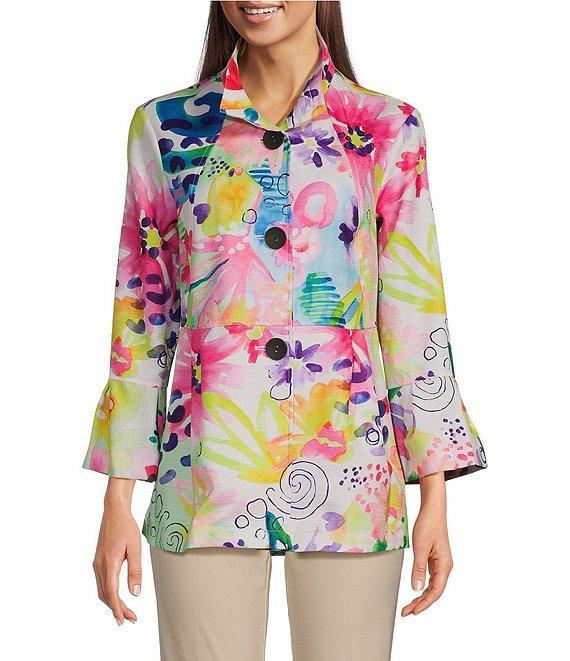Ali Miles Petite Size Woven Abstract Wire Collar 3/4 Sleeve Button Front Jacket Product Image