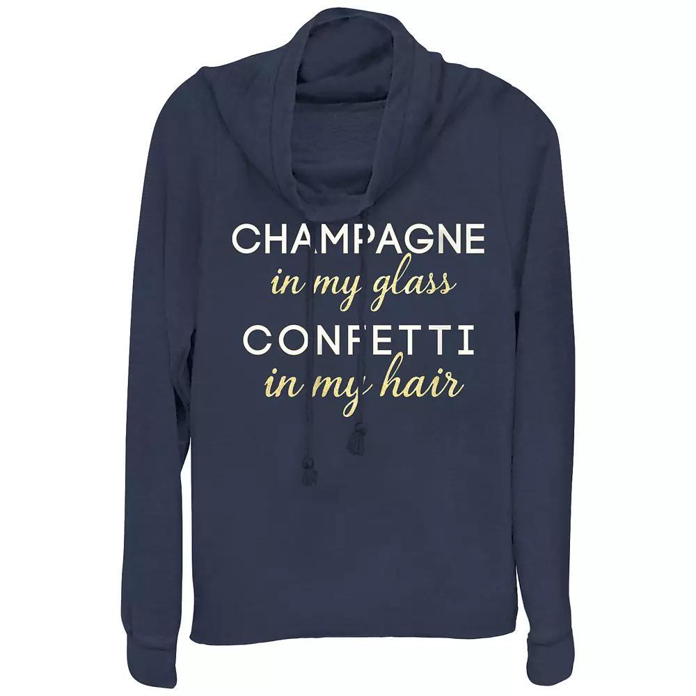 Women's Champagne In My Glass Confetti In My Hair Cowlneck Graphic Lightweight Long Sleeve, Size: XS, Blue Product Image