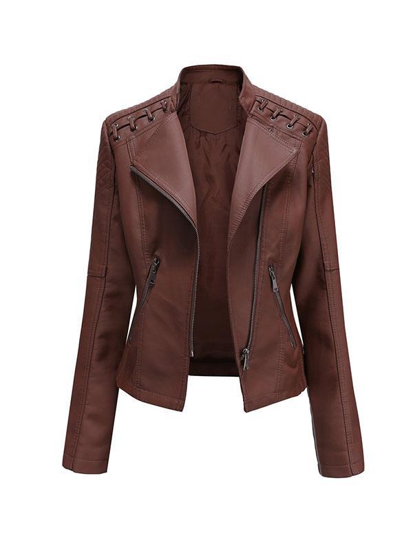 Long Sleeves Split-Joint Zipper Mock Neck PU Jackets Outerwear Product Image