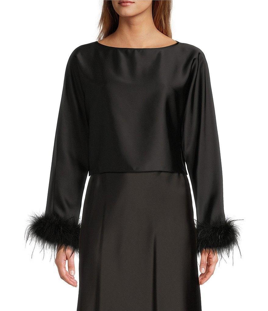 Antonio Melani Blyss Drapey Satin Boat Neck Long Sleeve Feather Cuff Blouse Product Image