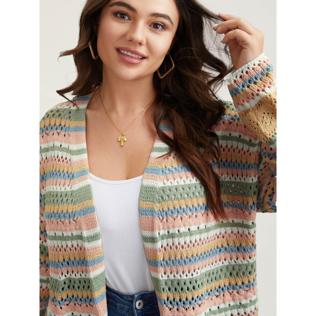 Plus Size Striped Color Contrast Cut-Out Cardigan Multicolor Women Casual Loose Long Sleeve Everyday Cardigans BloomChic 18-20/2X Product Image