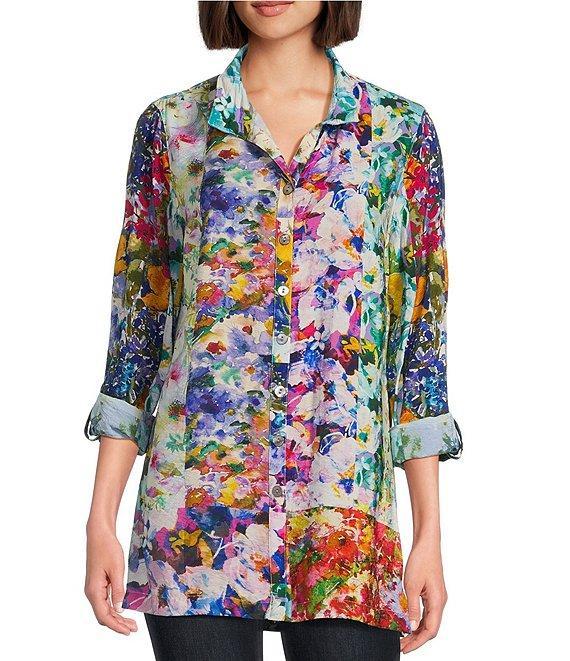 John Mark Mixed Floral Print Woven Wire Collar 3/4 Roll Tab Sleeve Button Front Top Product Image