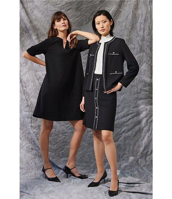 Ming Wang Stretch Crepe Split V-Neck Short Sleeve A-Line Dress Product Image