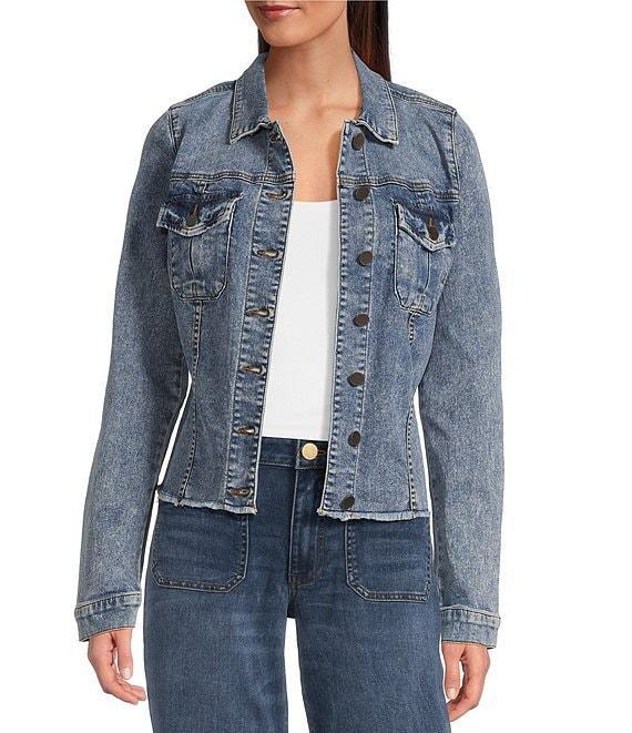 KUT from the Kloth Kara Notch Collar Long Sleeve Flap Pocket Frayed Hem Denim Jacket Product Image