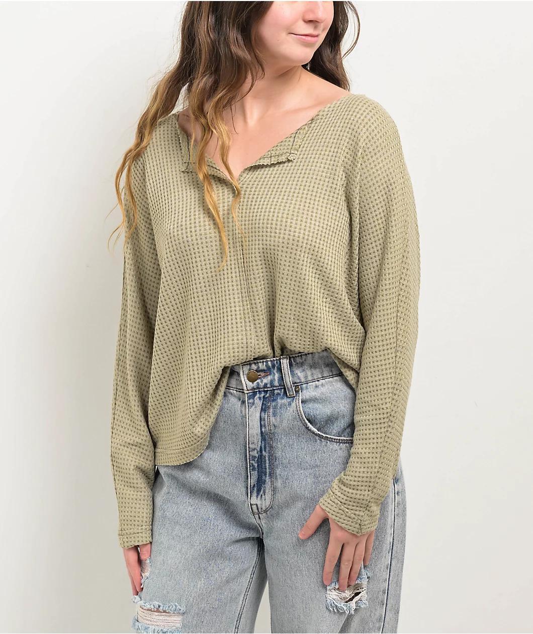 Blu Pepper Waffle Knit Split Neck Beige Long Sleeve T-Shirt Product Image