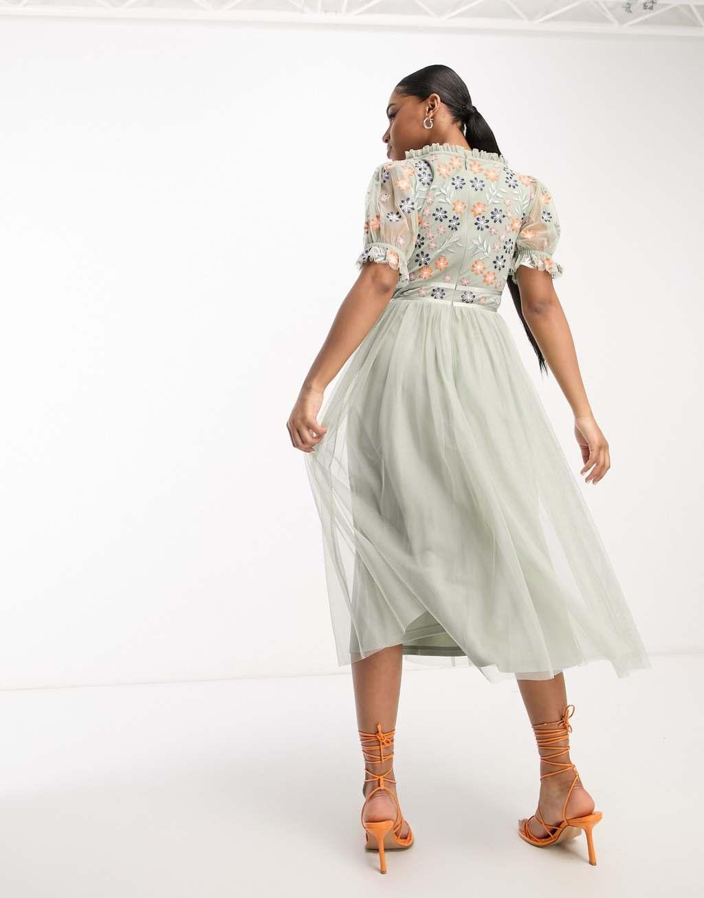 Maya ruffle sleeve midi dress with embroidery Product Image