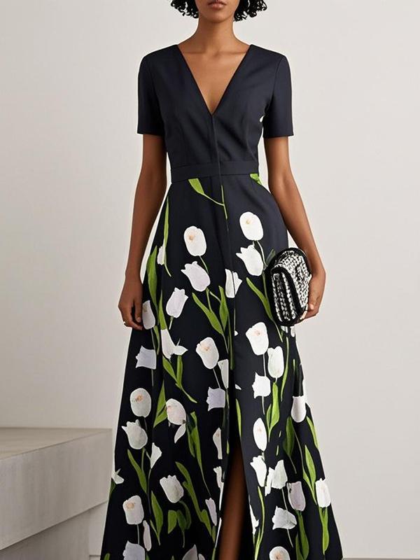 A-Line High Waisted Flower Print Split-Front V-Neck Maxi Dresses Product Image