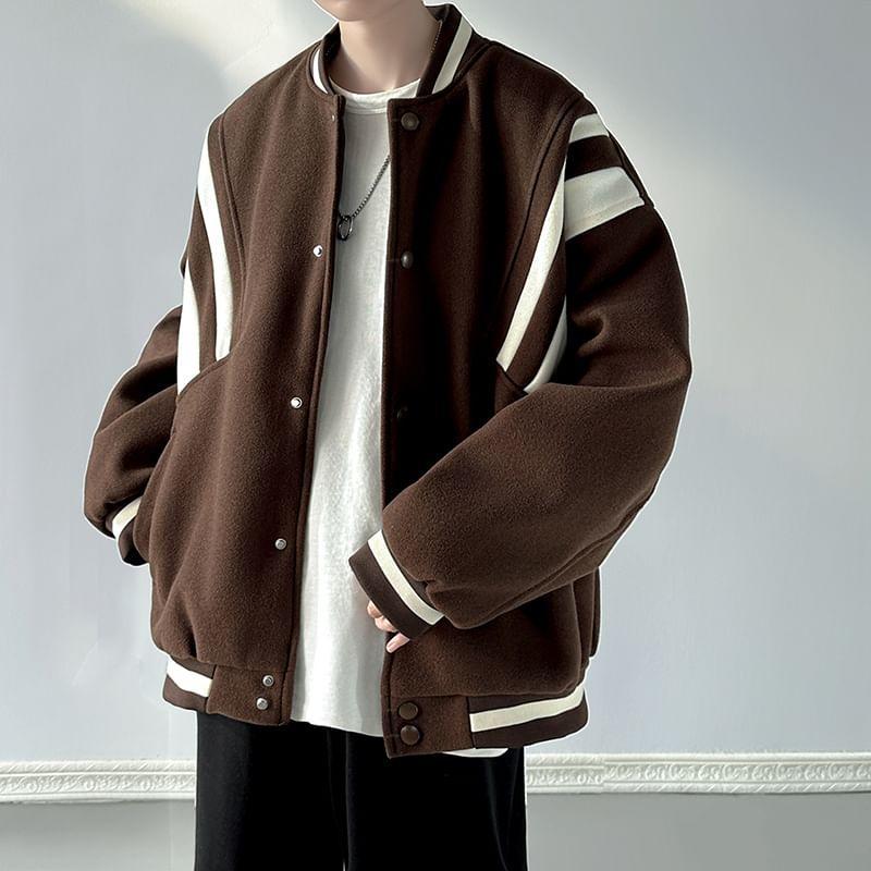 Two Tone Color Block Button-Up Baseball Jacket Product Image