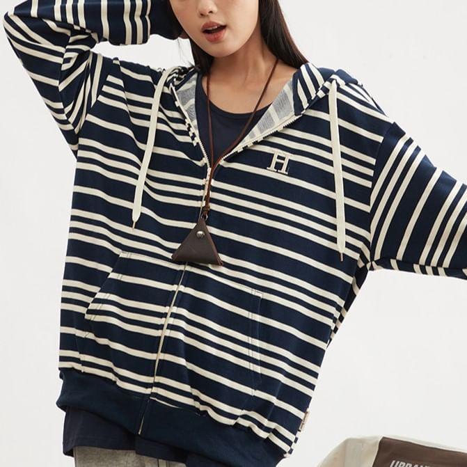 Drop Shoulder Striped Zip Up Hoodie Product Image