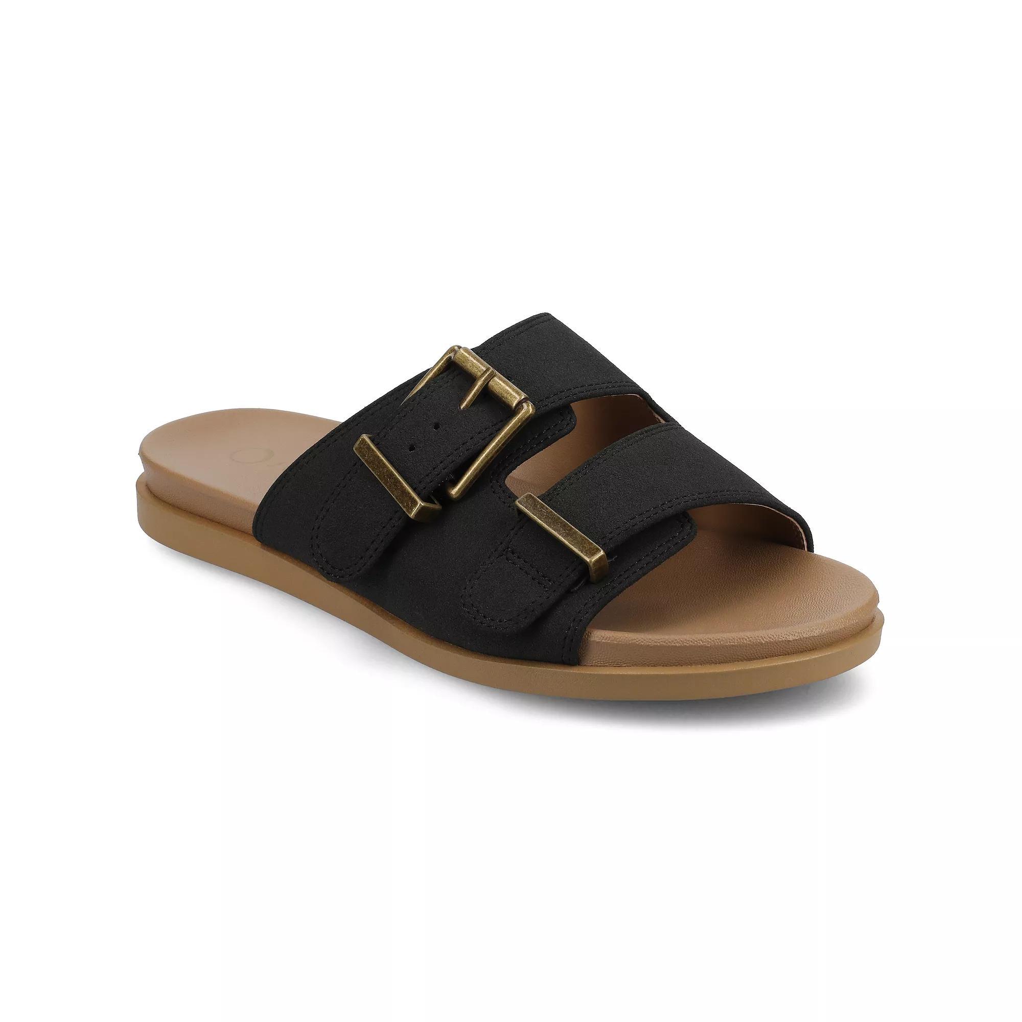 Journee Cosette Women's Double Strap Buckle Slip-On Flat Sandals,  Product Image