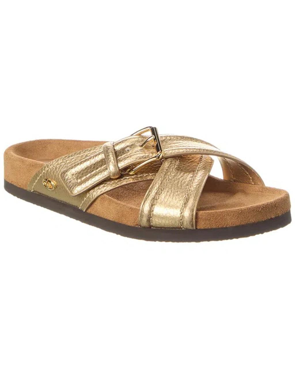 VALENTINO GARAVANI Fussfriend Slide Sandal In Metallic Grainy Calfskin 30mm Woman Gold 42 Product Image