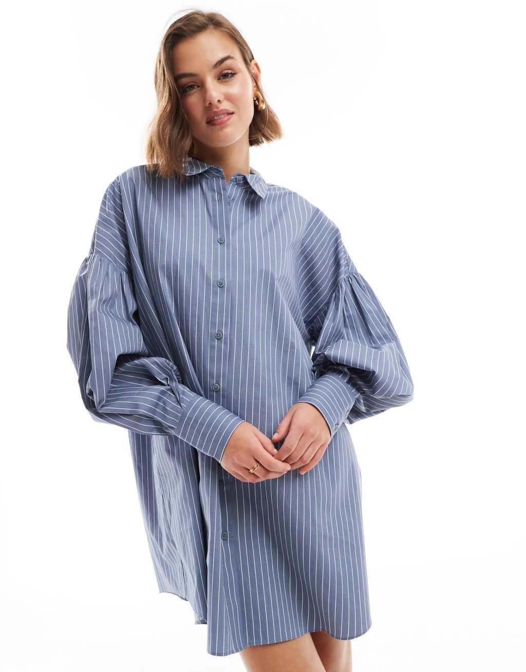 ASOS DESIGN boyfriend shirt mini dress with blouson sleeve in blue pinstripe Product Image