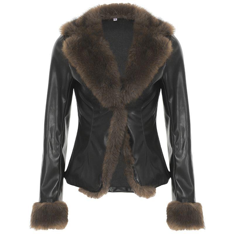 Long Sleeve Faux Fur Trim Faux Leather Jacket Product Image