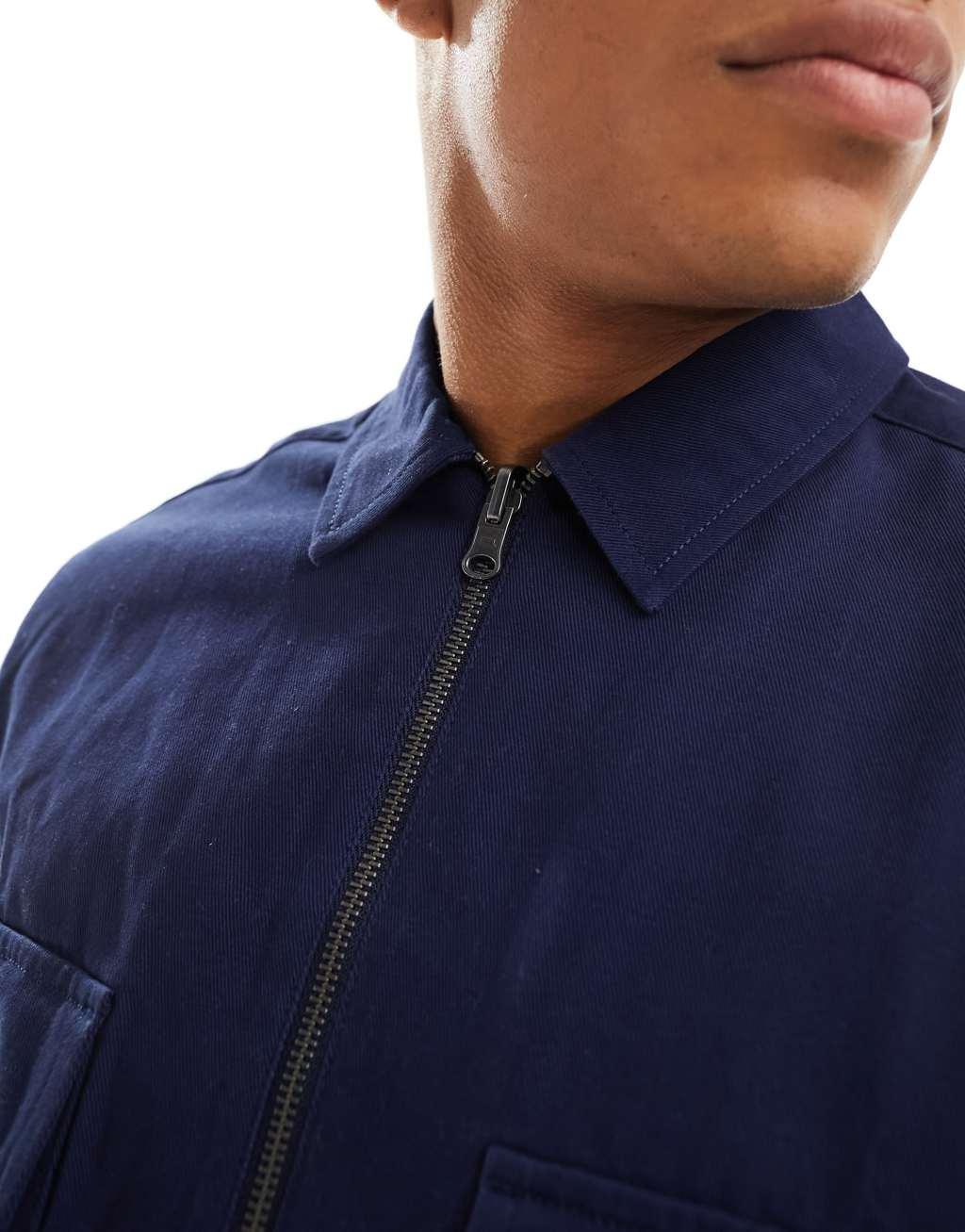 ASOS DESIGN twill zip through overshirt in navy Product Image