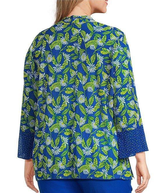 Multiples Plus Size Blue Print Onionskin Shawl Neck 3/4 Flounce Sleeve Open-Front Jacket Product Image