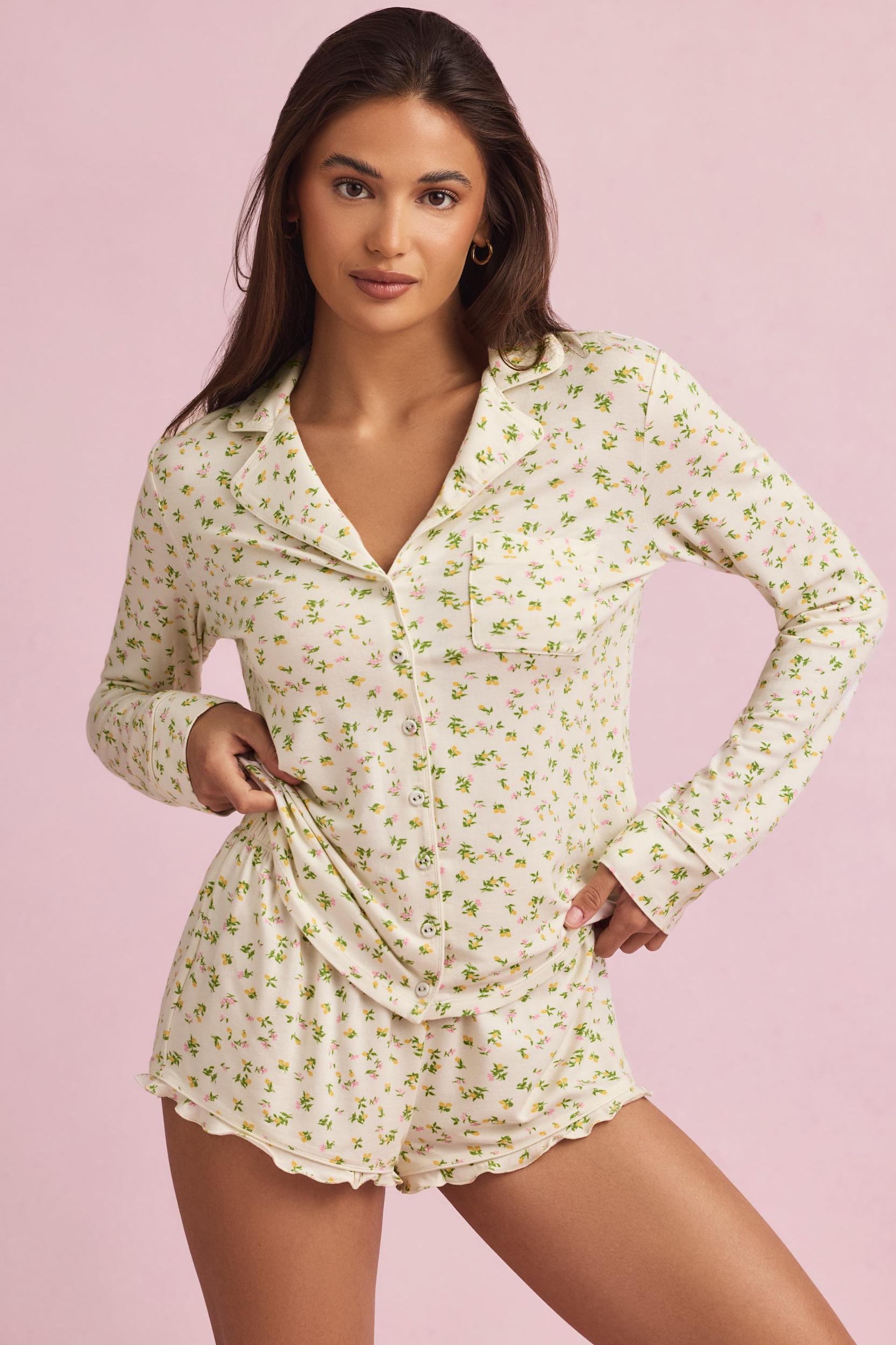 Modal Ruffle-Trim Pyjama Shorts in Lemon Print Product Image