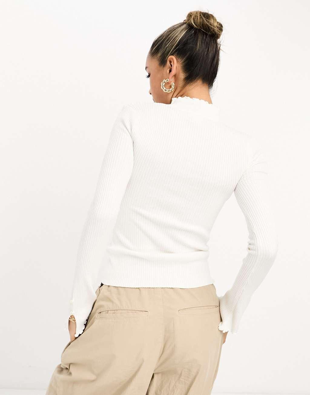 River Island ribbed top with frilled sleeve in white Product Image