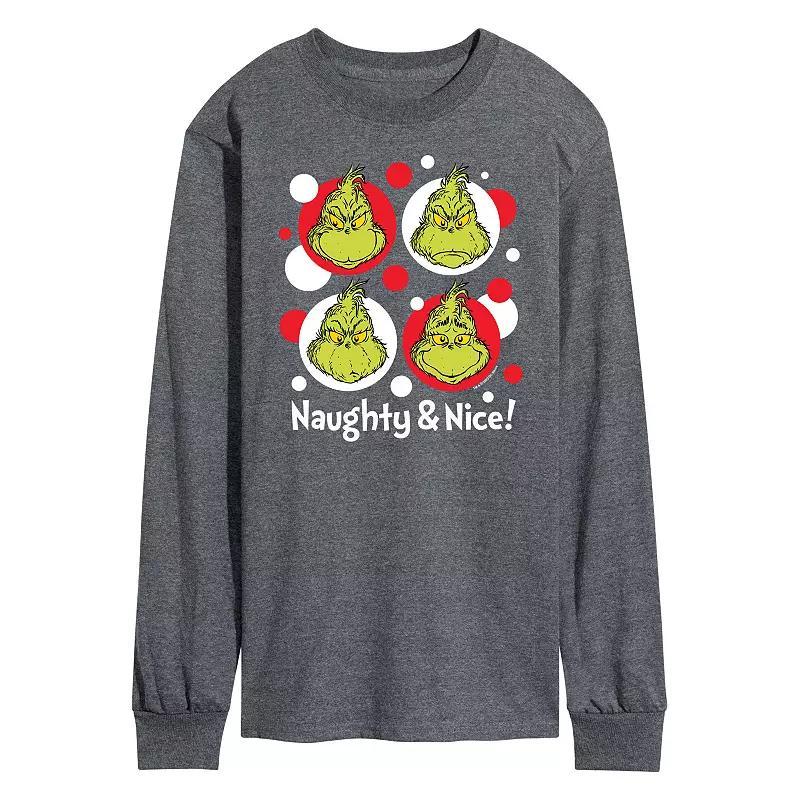 Men's Dr. Seuss Grinch Naughty & Nice Long Sleeve Tee, Size: Medium, Gray Product Image