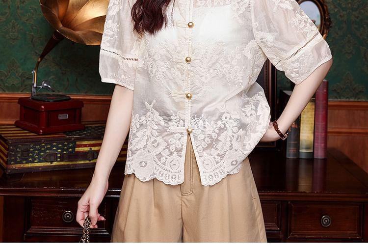 Elbow-Sleeve Crew Neck Floral Embroidered Perforated Frog Buttoned Sheer Blouse Product Image