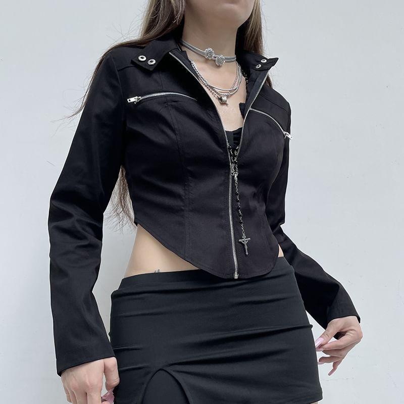 Stand Collar Plain Faux Leather Crop Zip  Jacket Product Image