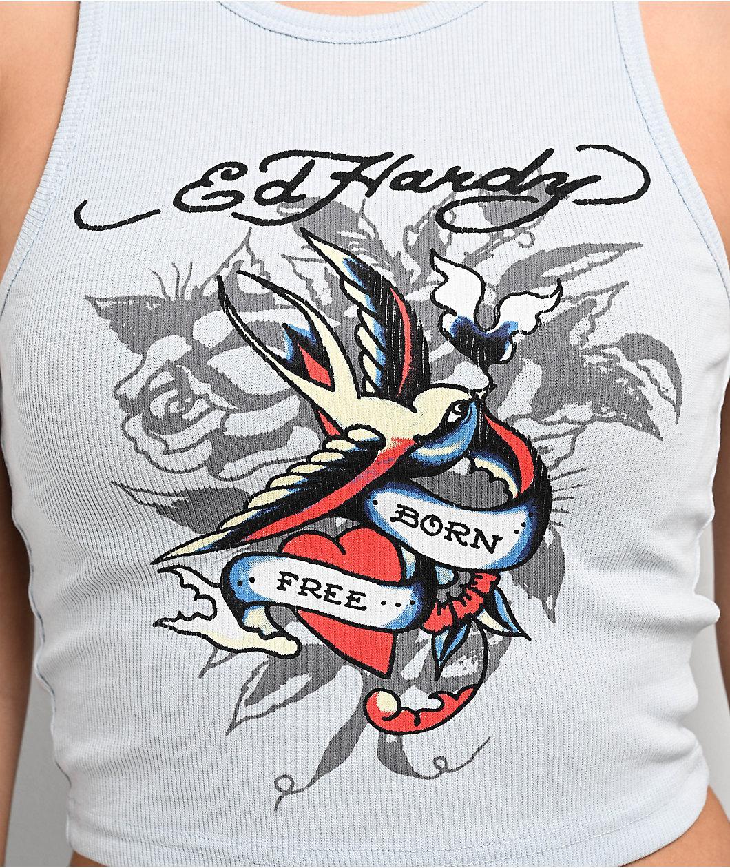 Ed Hardy Swallow Arctic Blue Crop Tank Top Product Image