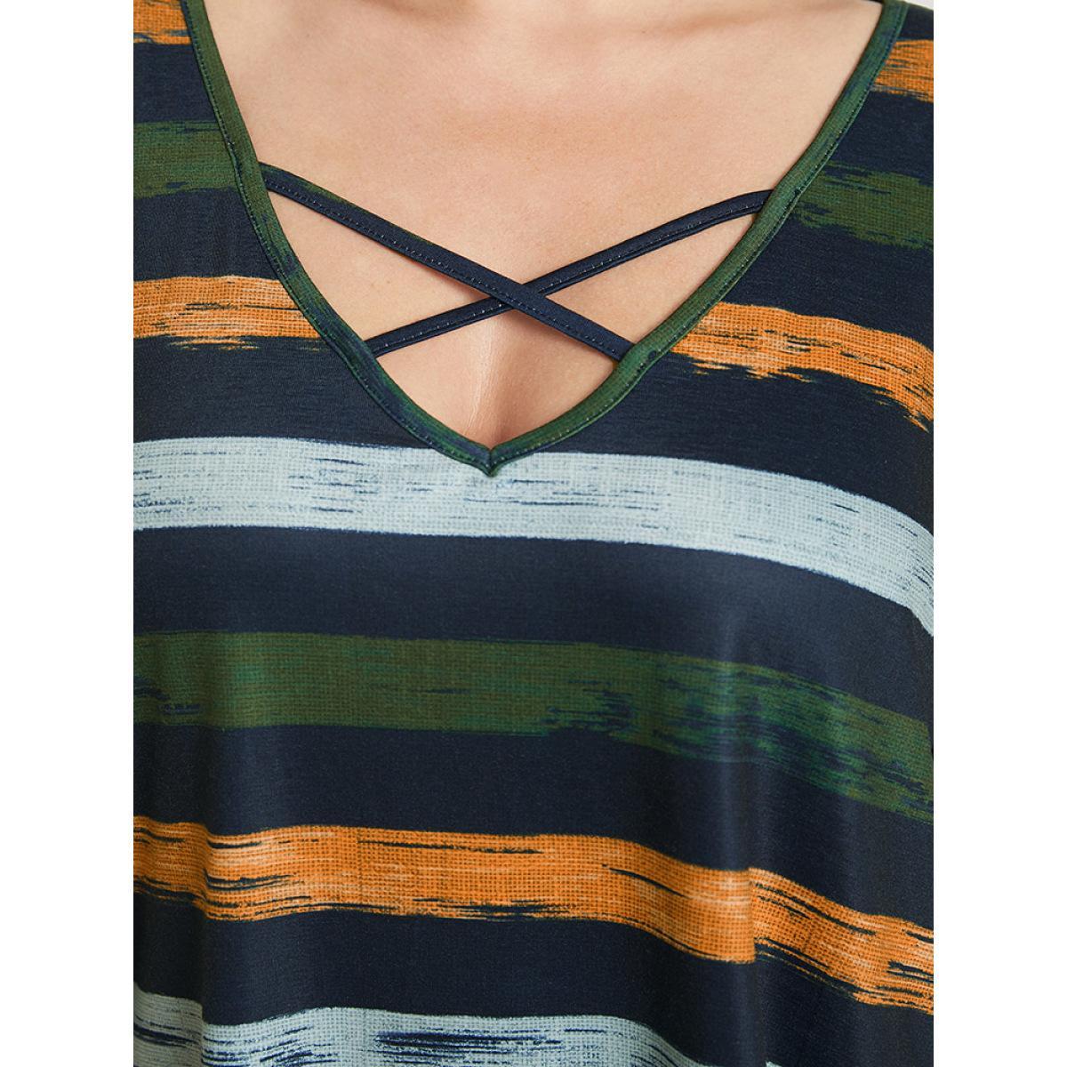 Plus Size Striped Contrast Crisscross Neck T-shirt Moss Women Casual Striped V-neck Dailywear T-shirts BloomChic 30/6X Product Image
