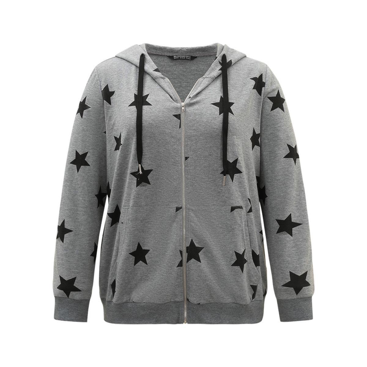 Plus Size Star Print Hooded Ties Pocket Sweatshirt Women Gray Casual Printed Hooded Dailywear Sweatshirts BloomChic 18-20/2X Product Image