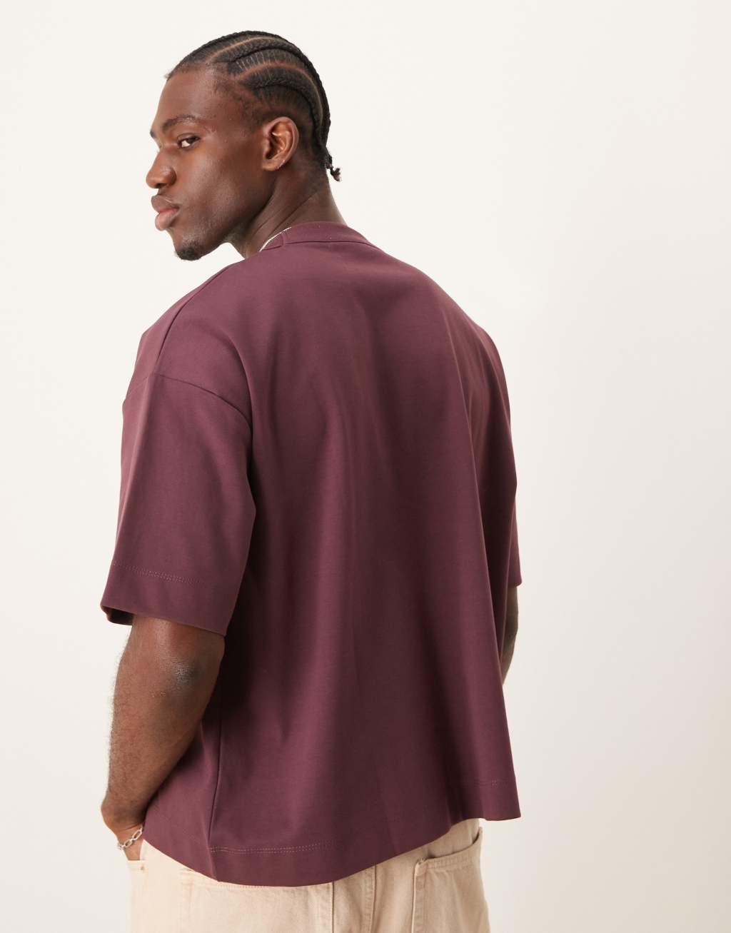 ASOS DESIGN boxy oversized t-shirt in premium heavyweight 300gsm burgundy with pocket print Product Image