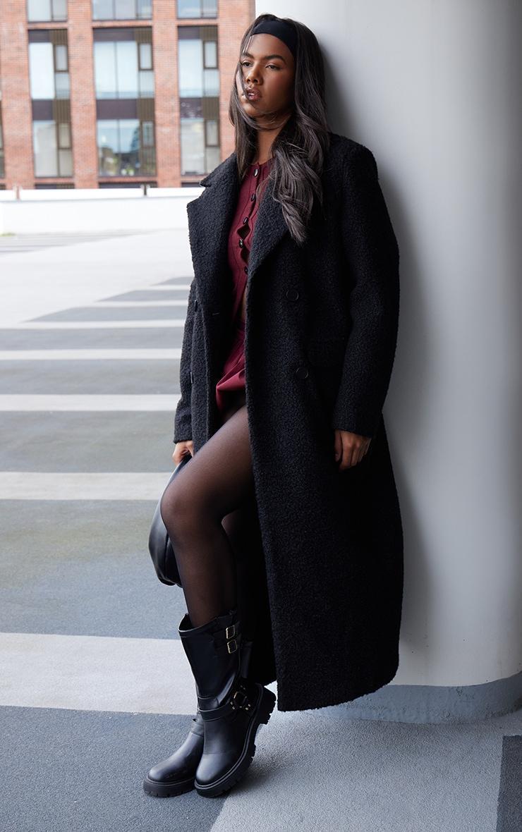 Black Boucle Double Breasted Structured Maxi Coat Product Image
