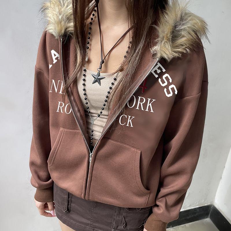 Fluffy Trim Lettering Zip Up Hoodie Product Image