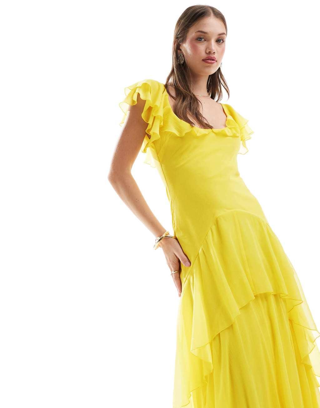 ASOS DESIGN ruffle midi dress with flutter sleeves in yellow Product Image