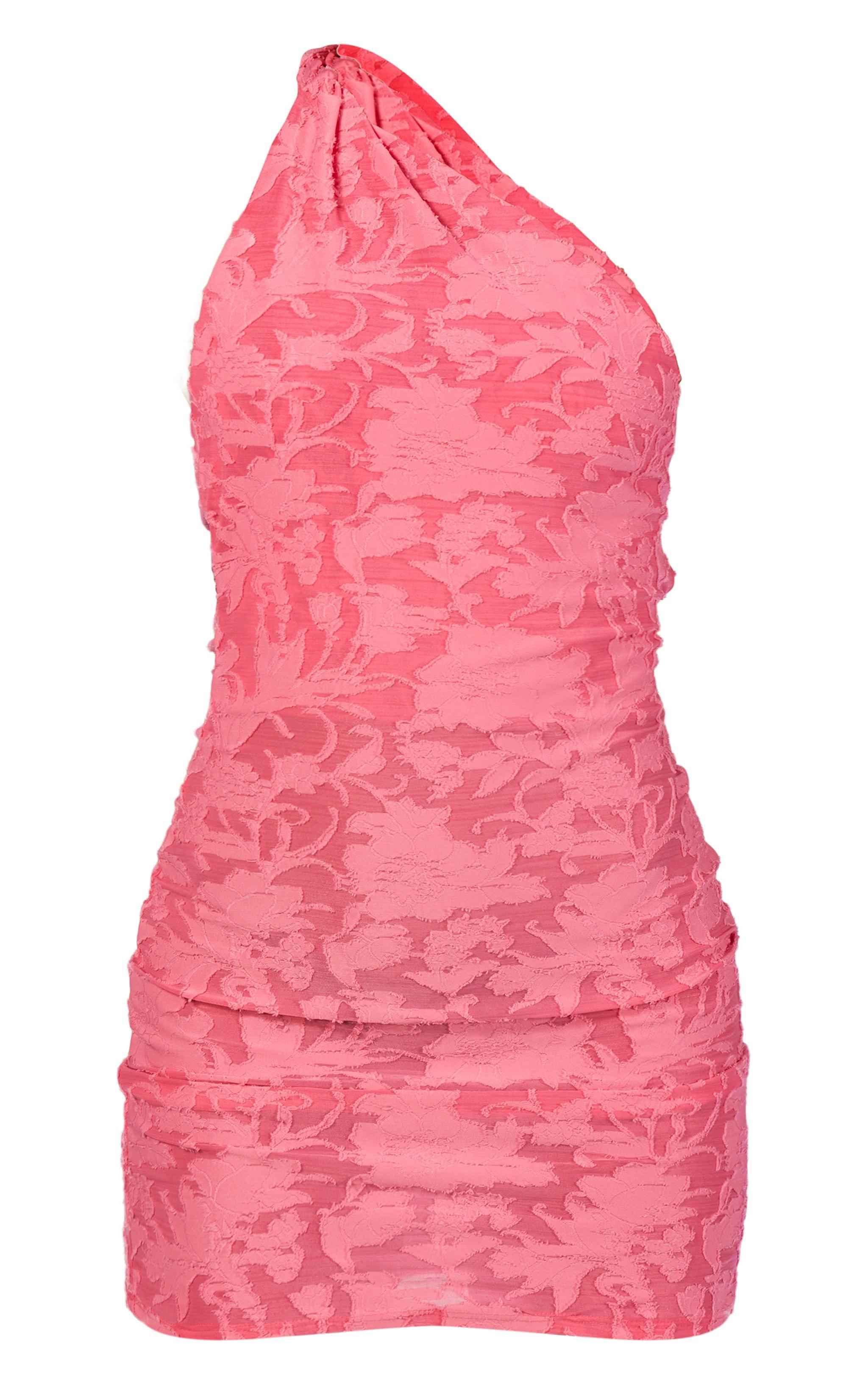 Pink Floral Sheer Burnout Asymmetric Ruched Bodycon Dress Product Image