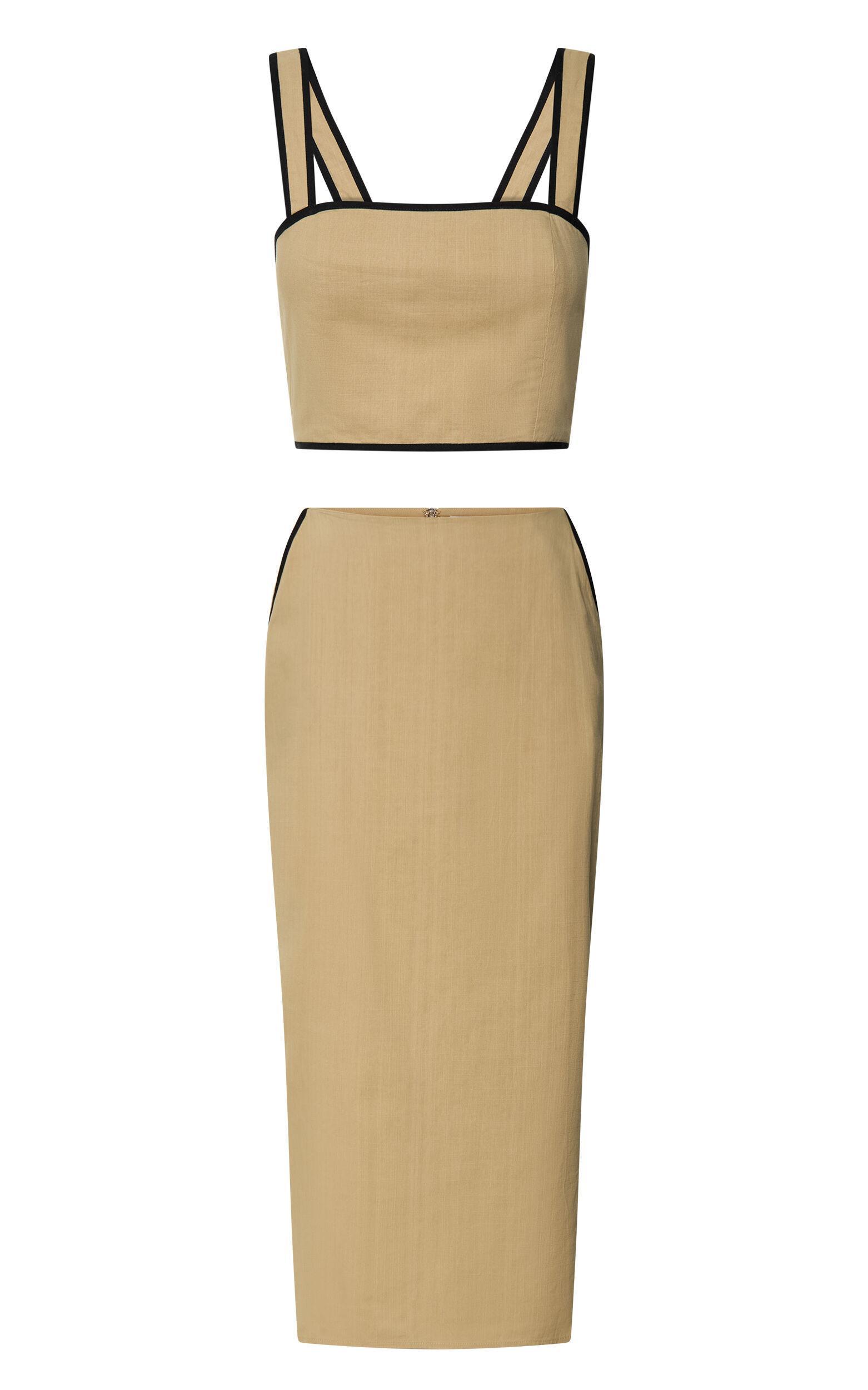 Rita Two Piece Set - Linen Look Contrast Crop Top and Pencil Midi Skirt Set in Sand/Black Product Image