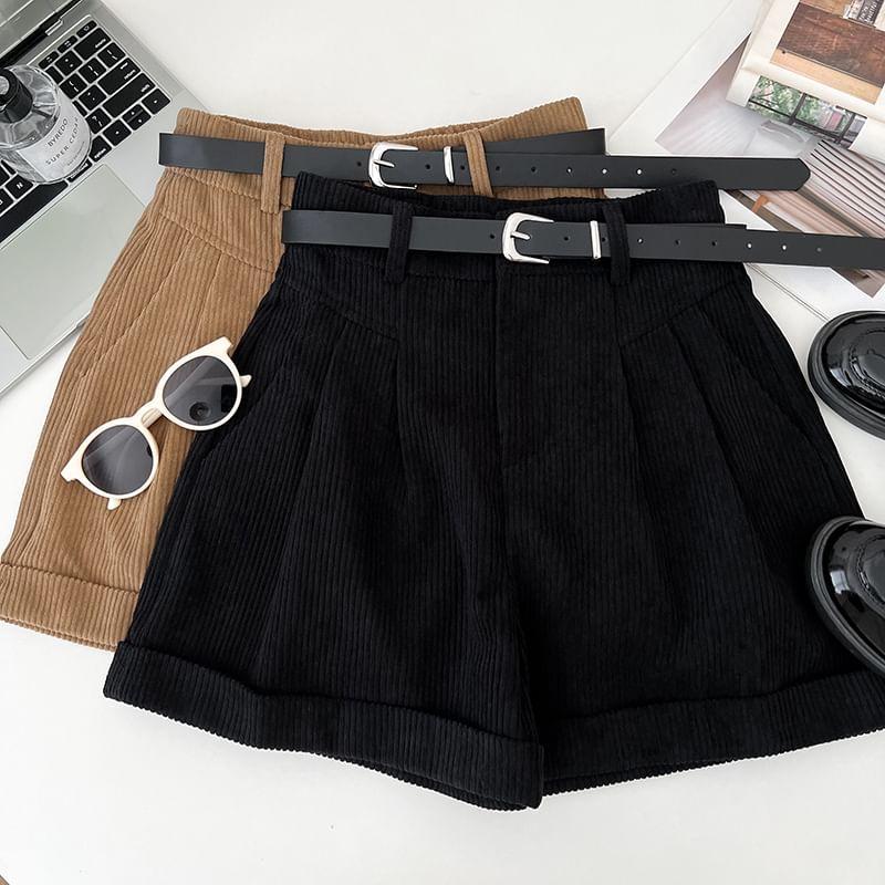 High Waist Plain Roll Up Hem Shorts Product Image