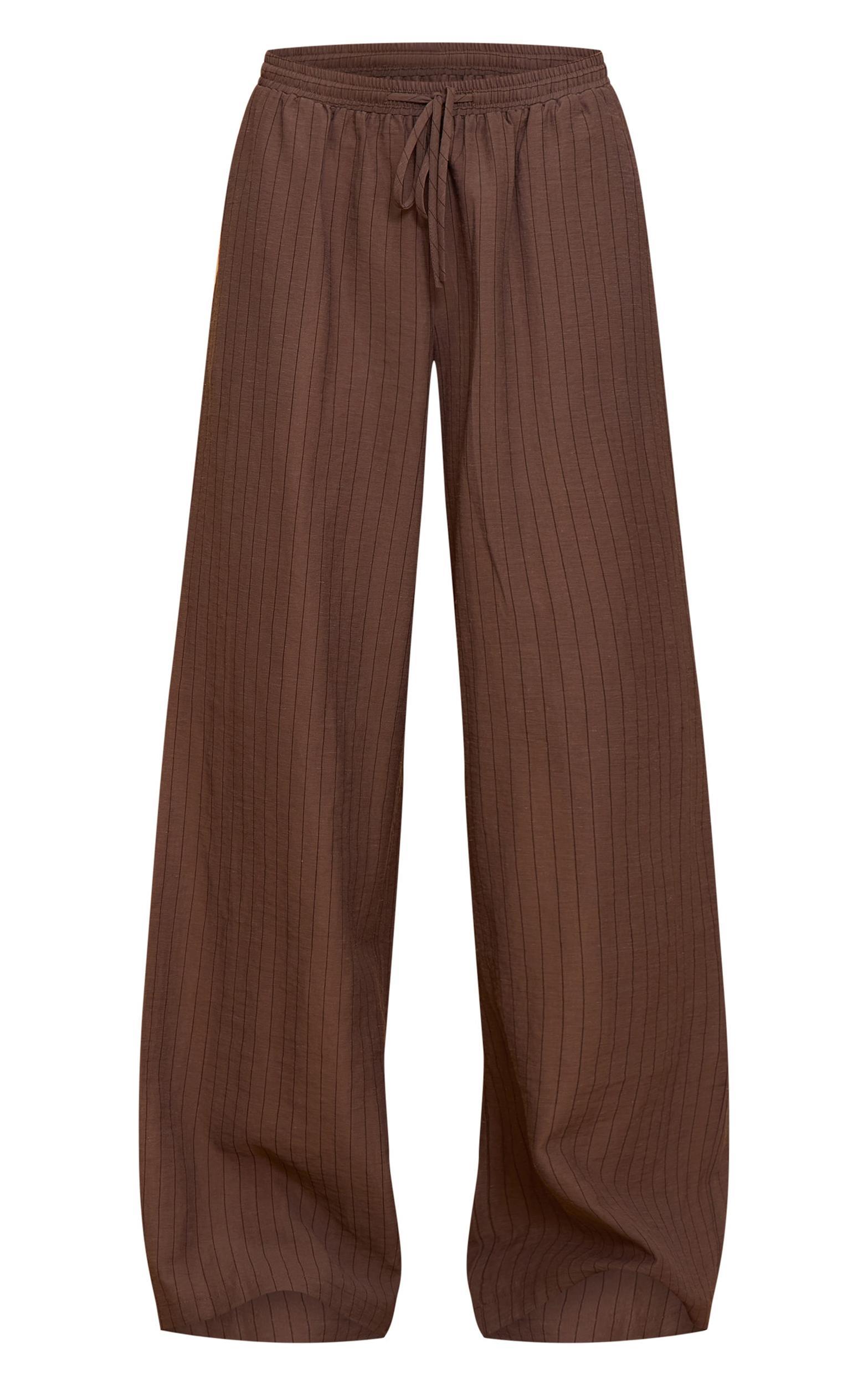 Brown Pinstriped Drawstring Wide Leg Pants Product Image