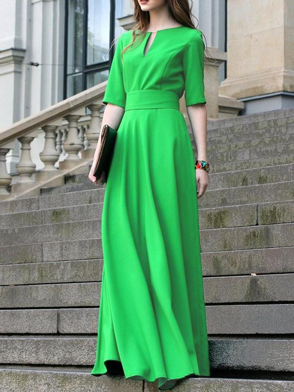 Half Sleeves High Waisted Solid Color Tied Waist V-Neck Maxi Dresses Product Image