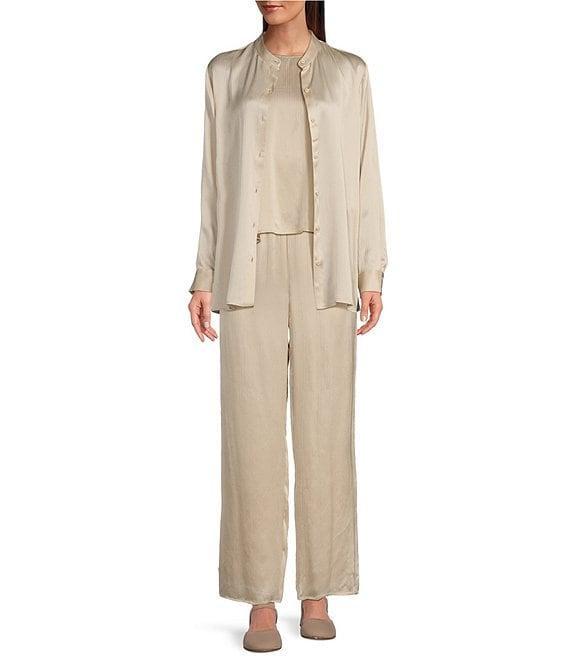 Eileen Fisher Striated Silk Satin Straight Leg Pull-On Ankle Pants Product Image