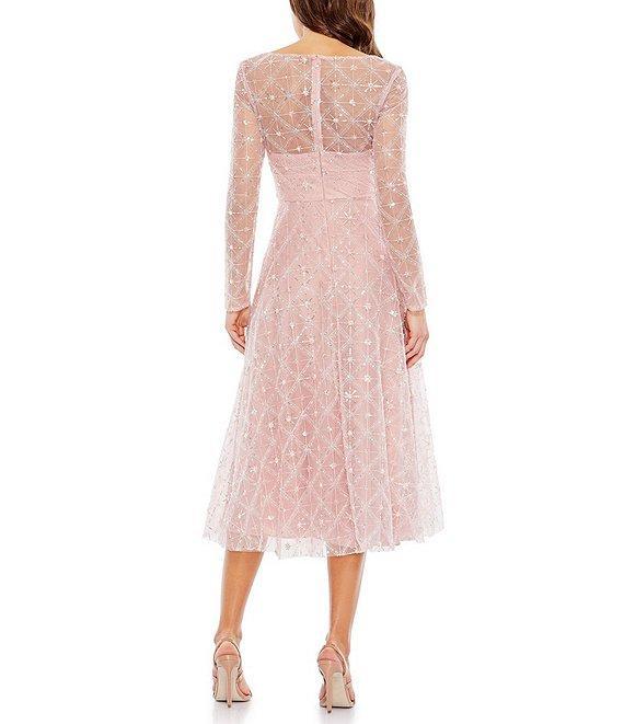 Mac Duggal V-Neck Long Illusion Sleeve Beaded Midi Dress Product Image