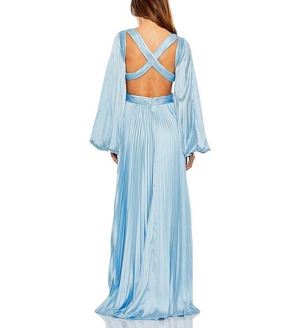 Mac Duggal Long Balloon Sleeve Side Cut-Out Pleated Deep V-Neck Satin A-Line Gown Product Image
