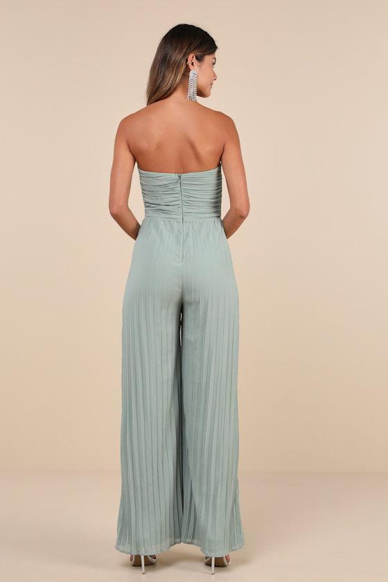 Certainly Charming Sage Pleated Strapless Wide-Leg Jumpsuit Product Image