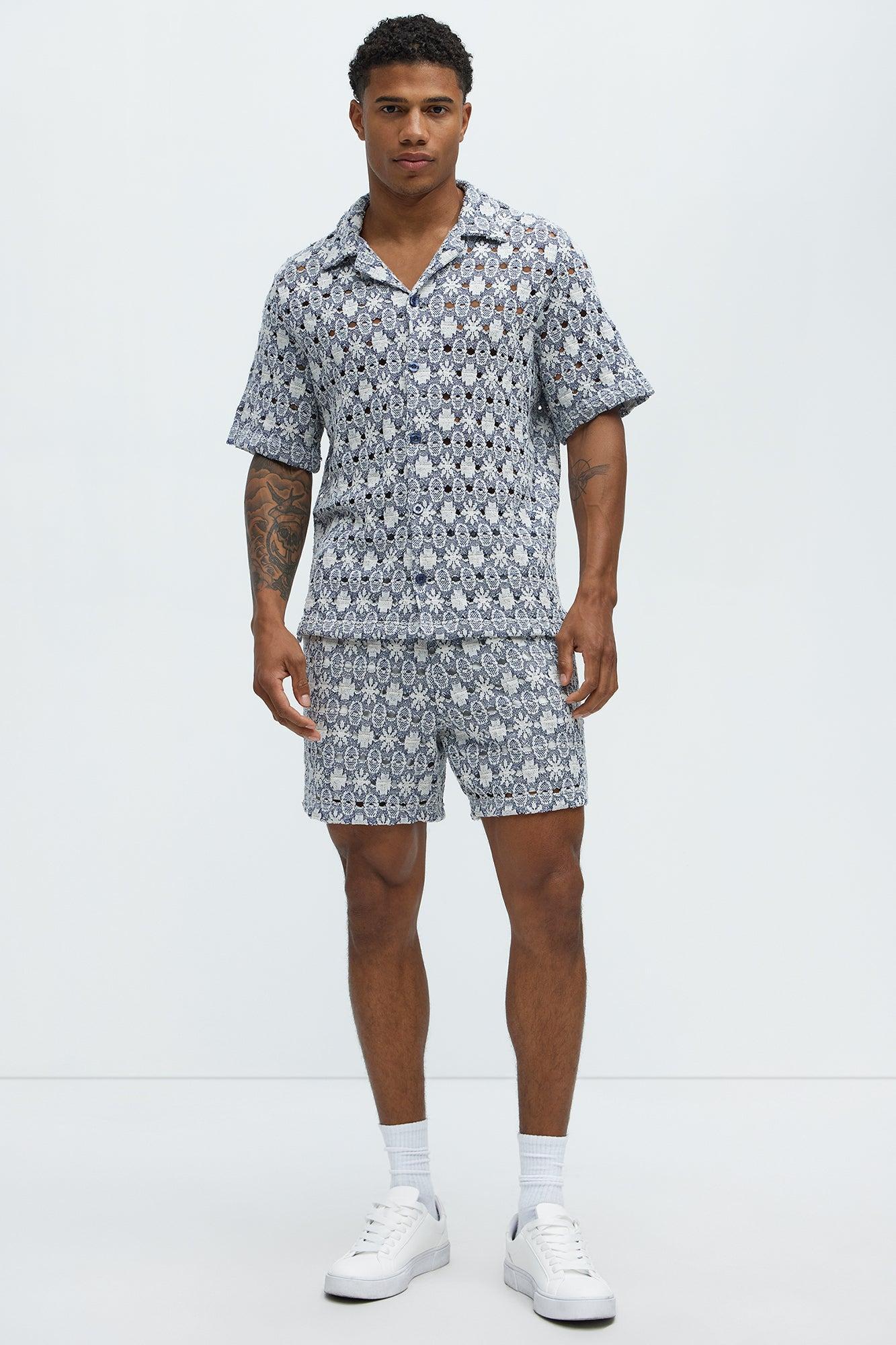 Patterned Open Knit Button Down Shirt - Blue/combo Product Image