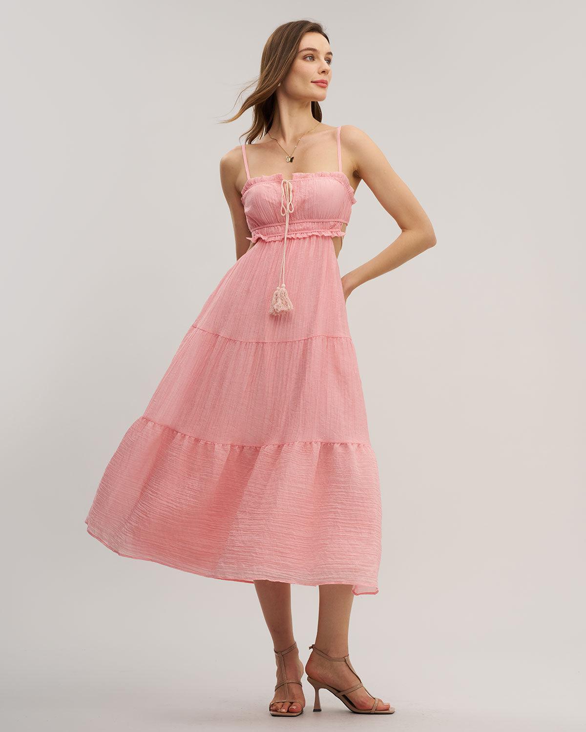 Pink Ruffle Slip Midi Dress Product Image