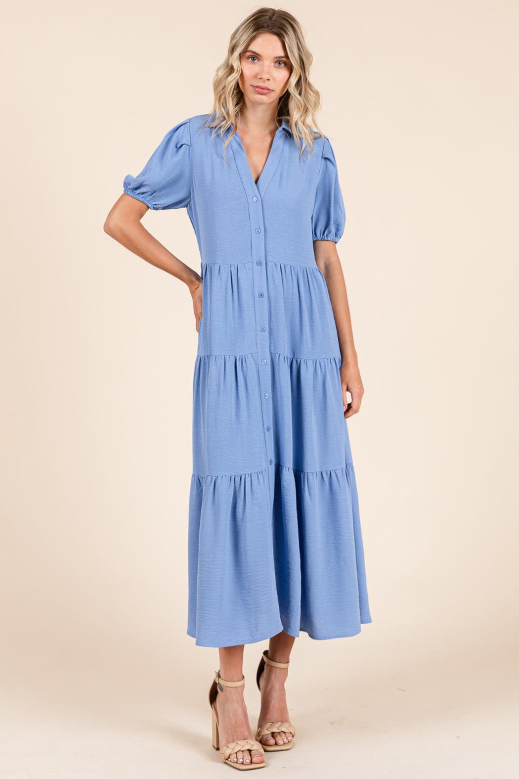 Tiered Button Down Puff Sleeve Midi Dress Product Image