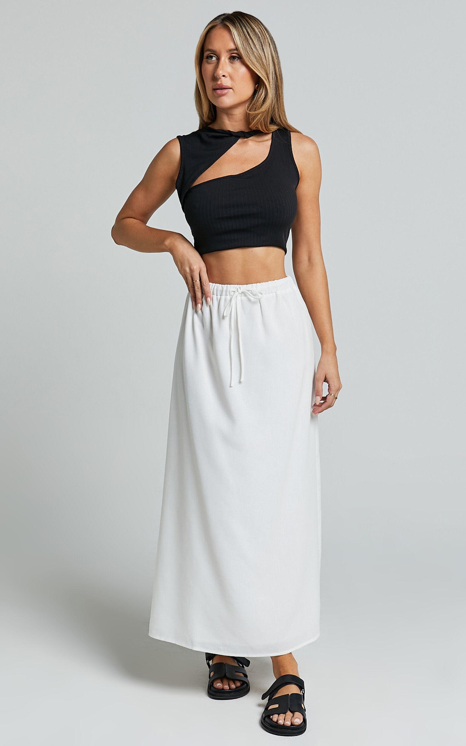 Bree Midi Skirt - Tie Waist Linen Look A Line Skirt in White Product Image