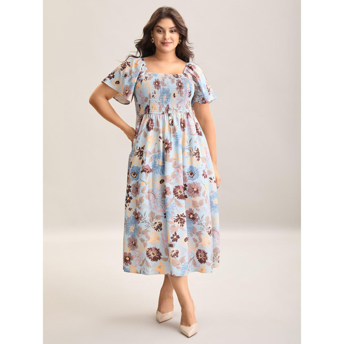 Plus Size Floral Shirred Square Neck Pocket Midi Dress Skyblue Women Elegant Non Square Neck Short sleeve Curvy Midi Dress BloomChic 30/6X Product Image