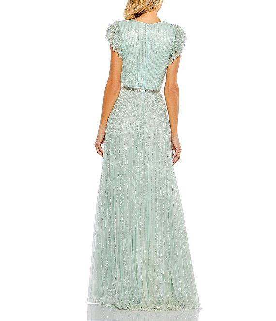 Mac Duggal Sequin Wrap Over Surplice V-Neck Ruffle Cap Sleeve Gown Product Image