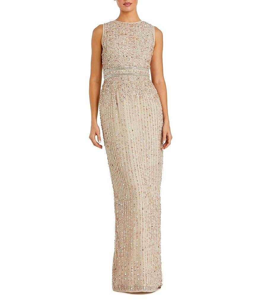 Mac Duggal Sequin Sleeveless High Crew Neck Back Slit Sheath Gown Product Image