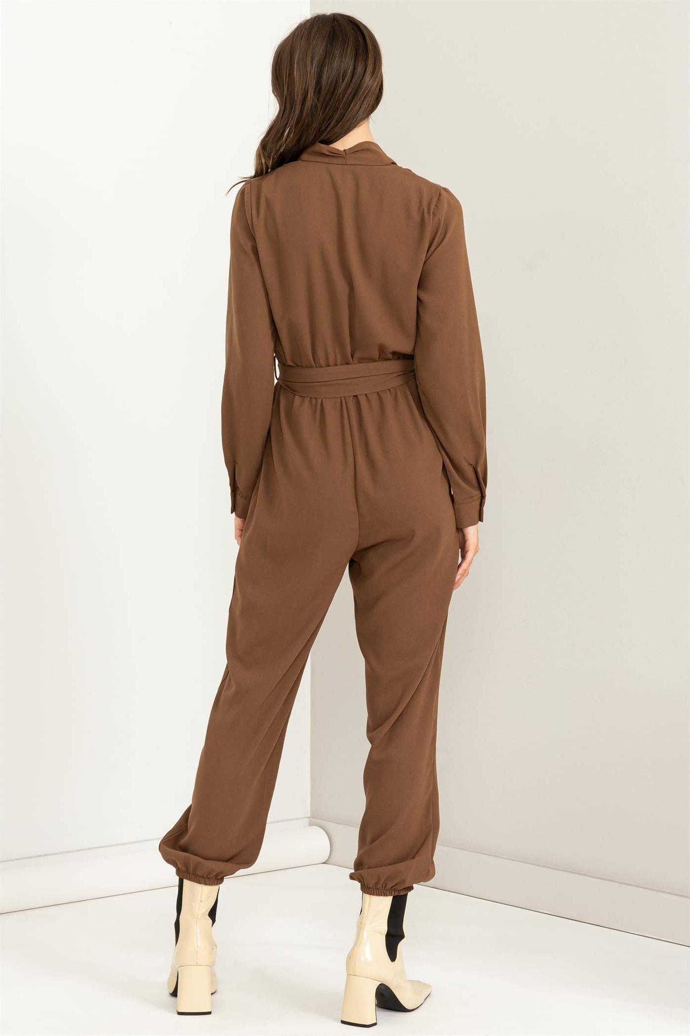 Weekend Outing Tie-Belt Long Sleeve Jumpsuit Product Image